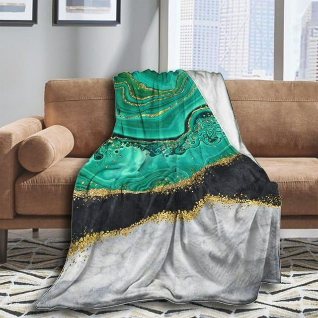 Abstract Black White Green Turquoise Marble Throw Blanket for Couch