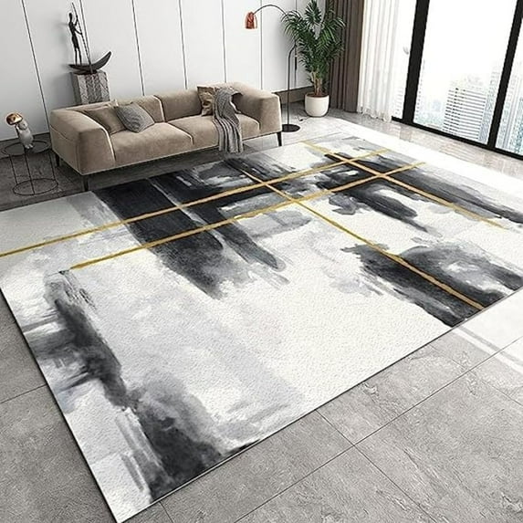 Abstract Black And White Ink Oil Painting Area Rug, Ink Geometry Texture Art Easy Clean Rug, Soft Non-Skid Carpet Throw Rug For Kids Teen Girls Boys Bedroom Living Room Bathroom 5x6ft