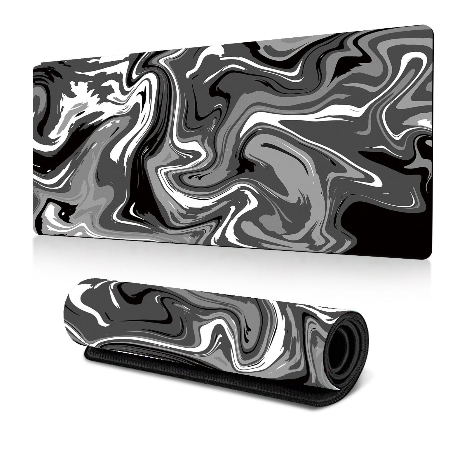 Large Gaming Mouse Pad, Extended XL Mousepad, Non-Slip Rubber Base Keyboard Mouse Mat Desk Pad for Work, Game, Office, Home, 31.5 x 11.8 in, Black Marble Fluid Design