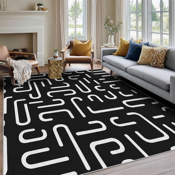Abstract Black White Maze Area Rug, Modern Design Carpet, Washable Non Slip Soft Low Pile, Living Room Bedroom Kitchen Office Mat 5x8ft