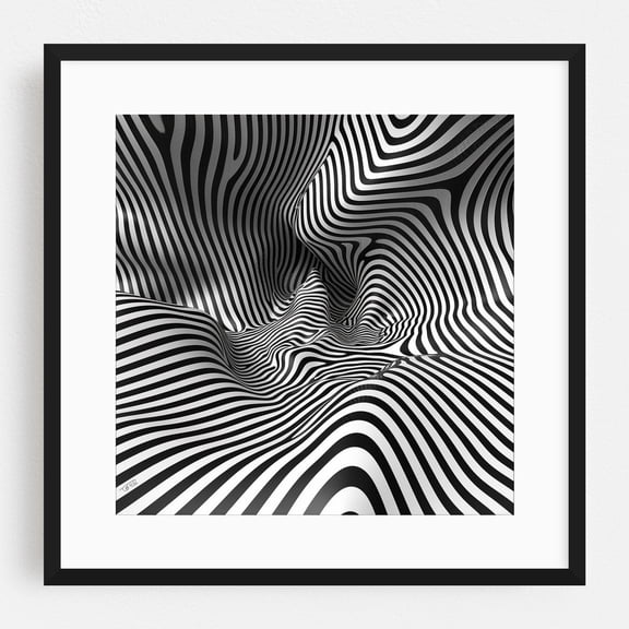 Abstract Black and White Optical Illusion Wave Pattern Background - Digital Art Abstract Psychedelic Geometric Modern Art Black and White Surrealism Pattern Black Framed Wall Art Print 8 x 8 inches