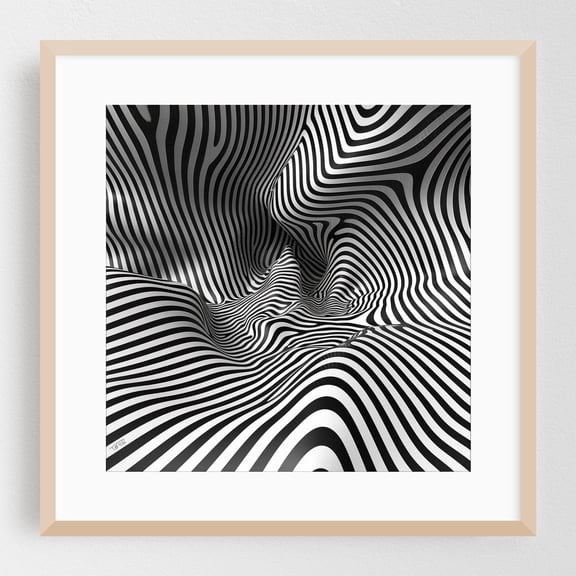 Abstract Black and White Optical Illusion Wave Pattern Background - Digital Art Abstract Psychedelic Geometric Modern Art Black and White Surrealism Pattern Oak Framed Wall Art Print 8 x 8 inches