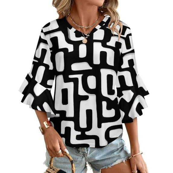 Abstract Black White Pattern Design Women's V-Neck Blouse With 3/4 Ruffled Bell Sleeves Casual Top Ladies Blouses