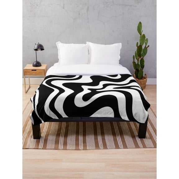 Abstract Black White Sherpa Throw Blanket, Soft Polyester Fleece Blanket for Bed Couch, Retro Wavy Pattern, Multiple Sizes