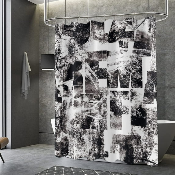 Abstract Black and White Shower Curtain, English Letters Abstract Art with Brushstrokes Image Print Bathroom Curtain for Men Bathtub Decor Waterproof Fabric Machine Washable with 12 Hooks