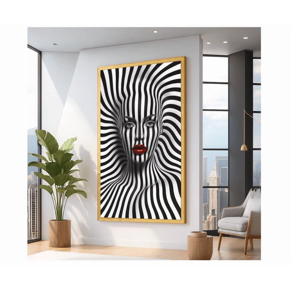 Abstract Black White Striped Face Optical Illusion Portrait Wall Art