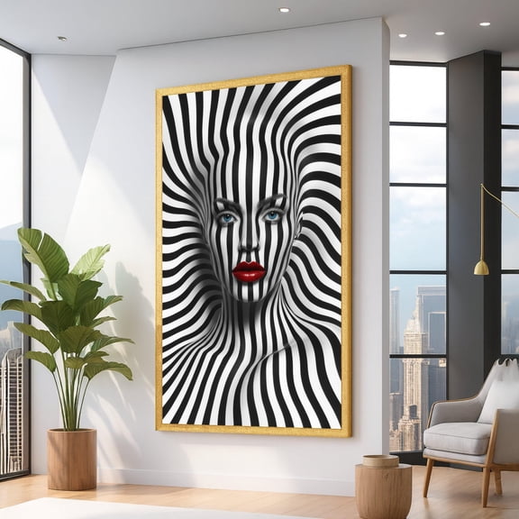Abstract Black White Striped Face Optical Illusion Wall Art Modern Abstract Portrait Geometric Home Decor Contemporary Poster Wall Art for Decor Present