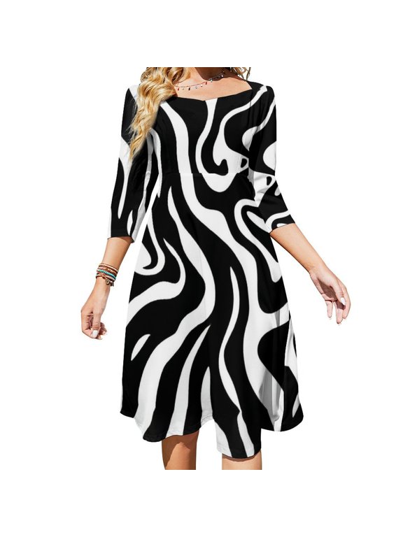 Abstract Black White Swirls Art Sweetheart Knot Flared Dress Fashion Design Large Size Loose Dress Spring Summer Women Dress