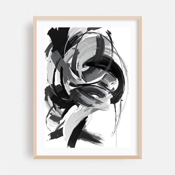 Abstract Black and White Swirls - Drawing Abstract Black and White Modern Art Geometric Minimalist Surrealism Oak Framed Wall Art Print 16 x 24 inches