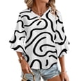thumbnail image 1 of Abstract Black White Wavy Lines Women's V-Neck Blouse With 3/4 Ruffled Bell Sleeves Casual Top Ladies Blouses, 1 of 7