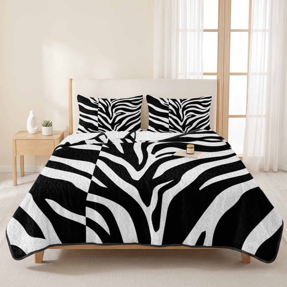 Abstract Black White Zebra Stripe 3 Pieces Quilt Set,1 Quilt with 2 Shams,Animal Texture Bedspread Soft Lightweight Bedding Coverlet Comforter Set for All Season 96"x106"