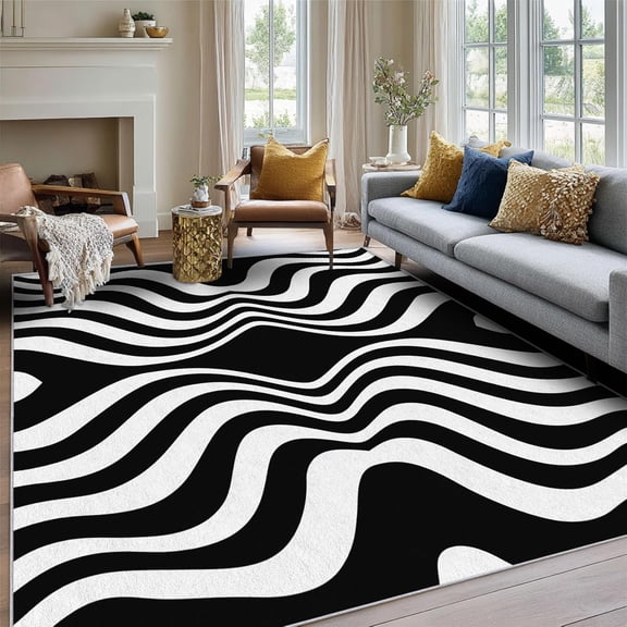 Abstract Black White Zebra Striped Area Rug, Modern Design Carpet, Washable Non Slip Soft Low Pile, Living Room Bedroom Kitchen Office Mat 2x3ft