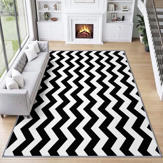 Abstract Black White Zigzag Herringbone Rug Carpet, Non-Slip Washable ...