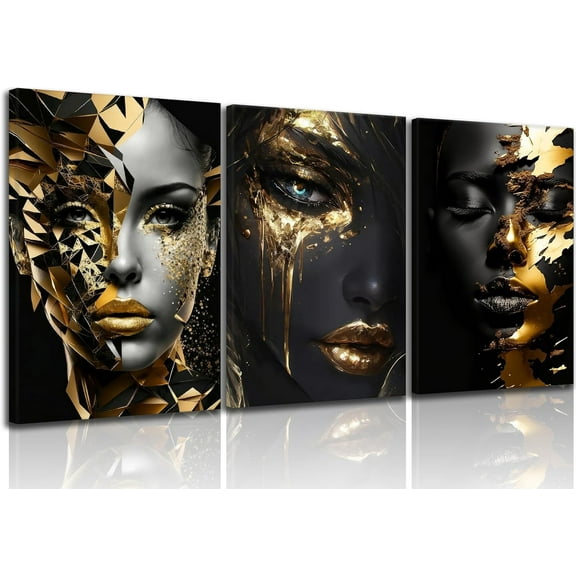 Abstract Black Woman Face Canvas Wall Art Black Gold African American Black Girl Painting Picture Wall Decor Fashion Black Female Poster Print Artwork for Living Room Bedroom Dining Room, Und