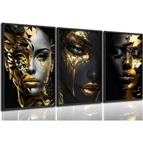 Abstract Black Woman Face poster Wall Art Black Gold African American Black Girl Painting Picture Wall Decor Fashion Black Female Poster Print Artwork for Living Room Bedroom Dining Room Decor