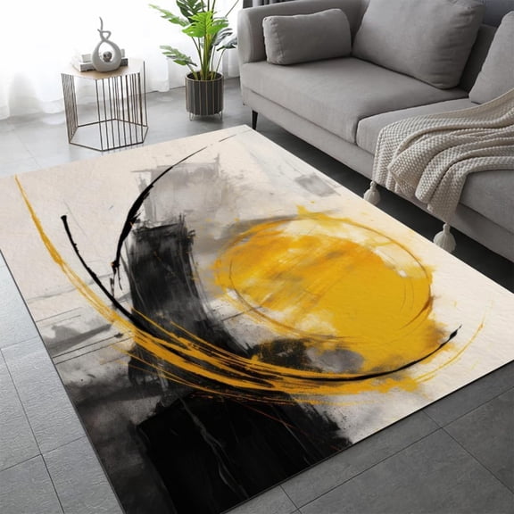 Abstract Black Yellow Ink Rugs For Bedroom,Modern Low-Pile Fade Resistant Stain Resistant Area Rug For Living Room Floor, Affordable Comfy For Room Decor 5x6ft