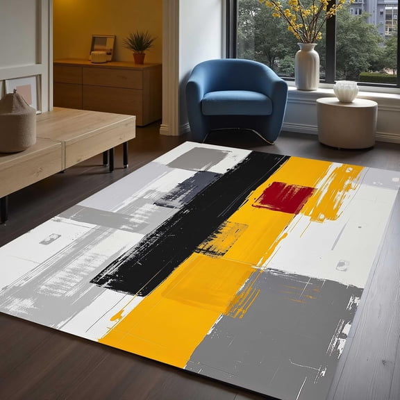 Abstract Black Yellow Red Pattern Area Rug, Modern Aesthetic Design Carpet, Washable Non Slip Soft Wool, Living Room Bedroom Dining Room Office Guest Room Mat 5x8ft