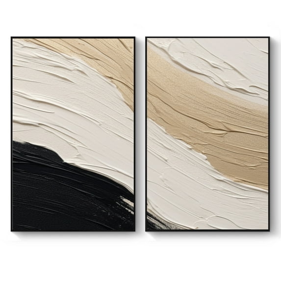 Black Strokes on Beige Oil Painting Canvas Abstract Art for Neutral Modern Home Wall Display,Unframed,2Pcs 36x48inch