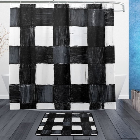 Abstract Black and White Stripe Bathroom Accessory Sets Waterproof Shower Curtain with Anti-Slip Bath Mat Durable Combo