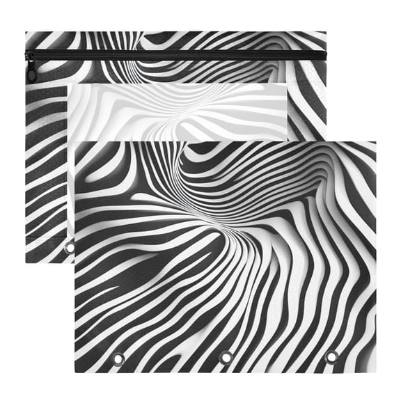 Abstract Black-white Stripes Line Art 3-Ring Binder Pouches A4 Size Zipper Pocket File Storage 2 Packs
