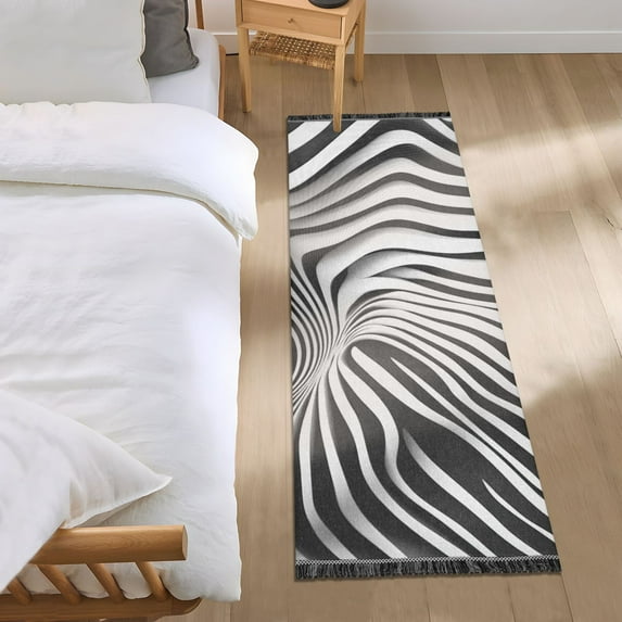 Abstract Black-white Stripes Line Art Bedside Runner Rug 2'x 6' Non Slip Carpet Floor Mat Area Rug