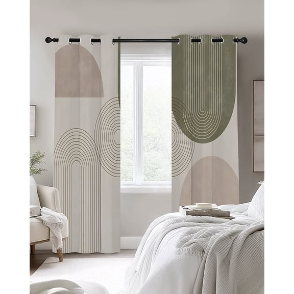 Abstract Blackout Curtains 2 Panels, Boho Minimalist Beige Green Curved Arch Line Circle Thermal Insulated Grommet Window Curtains for Bedroom Living Room 42"x54"