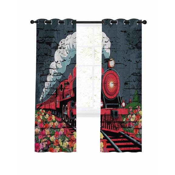 Abstract Blackout Curtains for Bedroom Living Room, Red Trains Flower Tunnels Distressed Texture Modern 39 In Long Thermal Insulated Room Darkening Drapes Grommet Window Treatments, 27.5 x 39 In