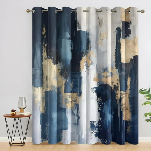 Abstract Blackout Curtains, Navy Blue White Modern Curtains For Bedroom Living Room - Contemporary Decor Window Curtains, Grommet Drapes 26"W x 84"L (Pack of 2)