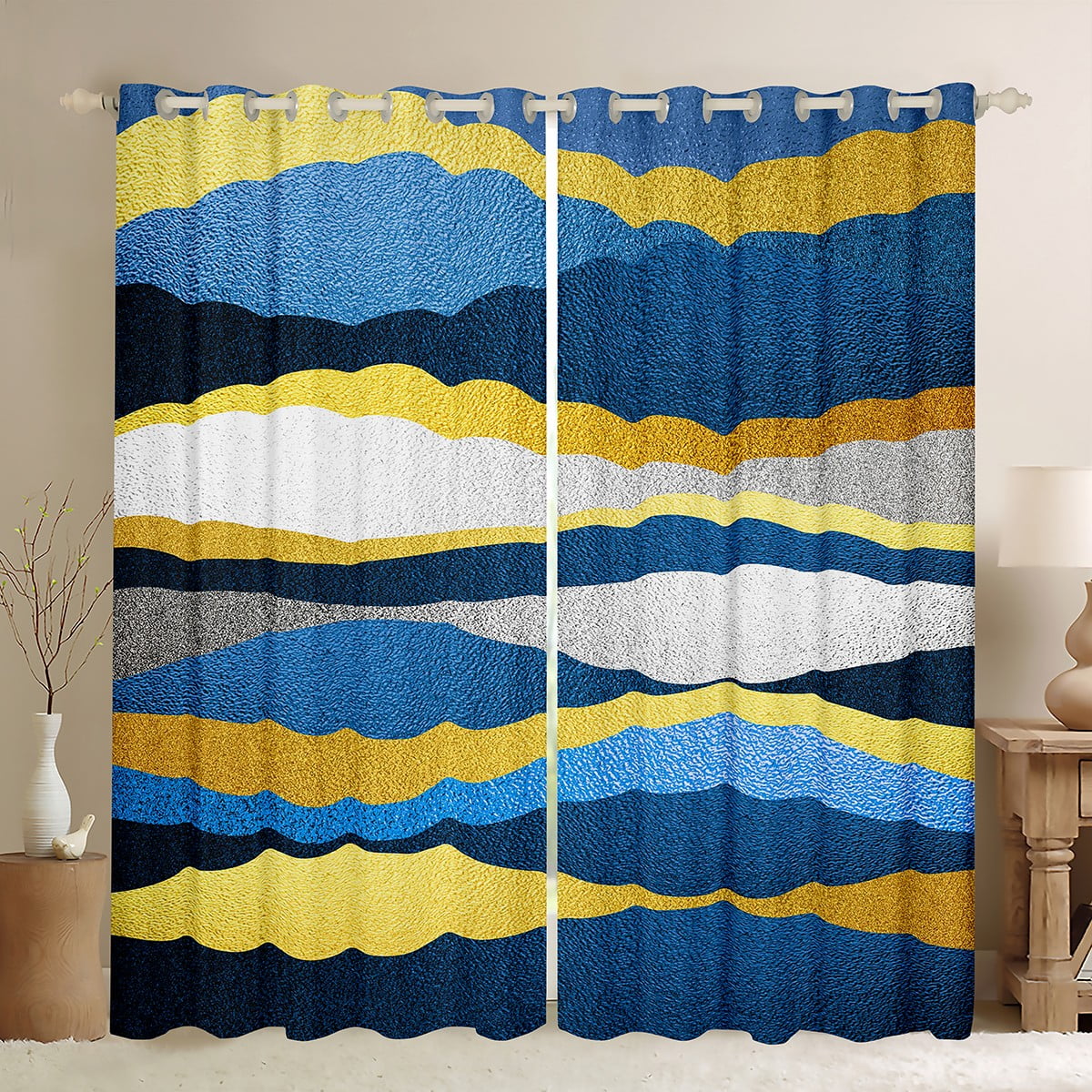 Abstract Blackout Curtains Gold Blue Yellow Stripes Lines Curtains