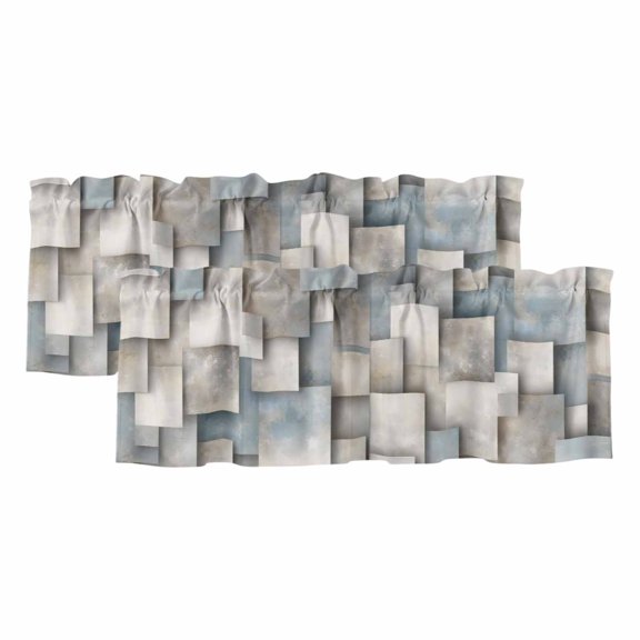 Abstract Block 2 Panels Kitchen Valance, Minimalist Beige Gray Raised Stone Blocks Textured Curtains Valances for Small Windows Rod Pocket Window Treatments for Living Room Bedroom 42" W x 12" L