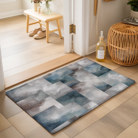 Abstract Block 2'x3' Small Rugs for Entryway Front Door Kitchen Sink Area, Minimalist Beige Blue Overlapping Tiles Textured Soft Sturdy Mats Washable Non Slip Rectangle Area Rug
