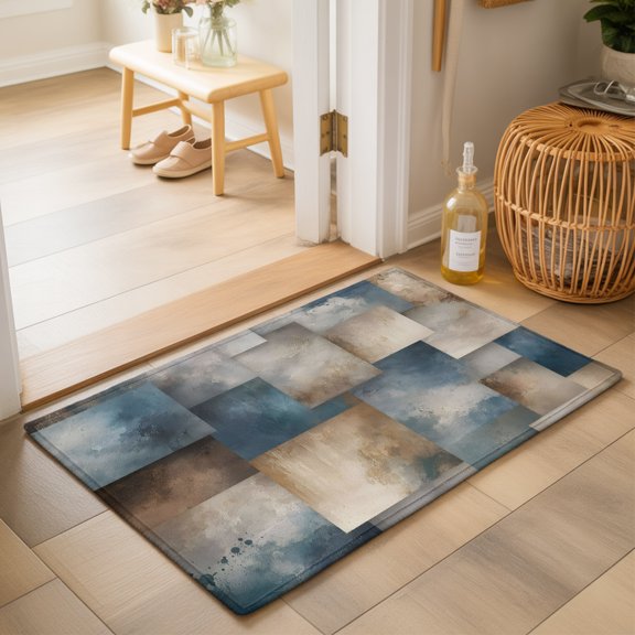 Abstract Block 2'x3' Small Rugs for Entryway Front Door Kitchen Sink Area, Minimalist Brown Blue Overlapping Tiles Textured Soft Sturdy Mats Washable Non Slip Rectangle Area Rug