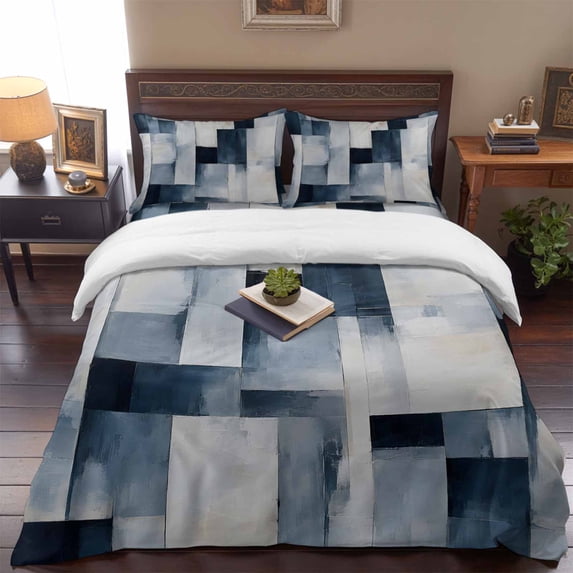 Abstract Block 4 Piece Bedding Set, Minimalist Blue Gray Rectangular ...