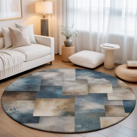 Abstract Block 7' Round Rugs for Living Room Conversation Area, Minimalist Brown Blue Overlapping Tiles Textured Washable Non Slip Large Circle Area Rug Under Dining Table