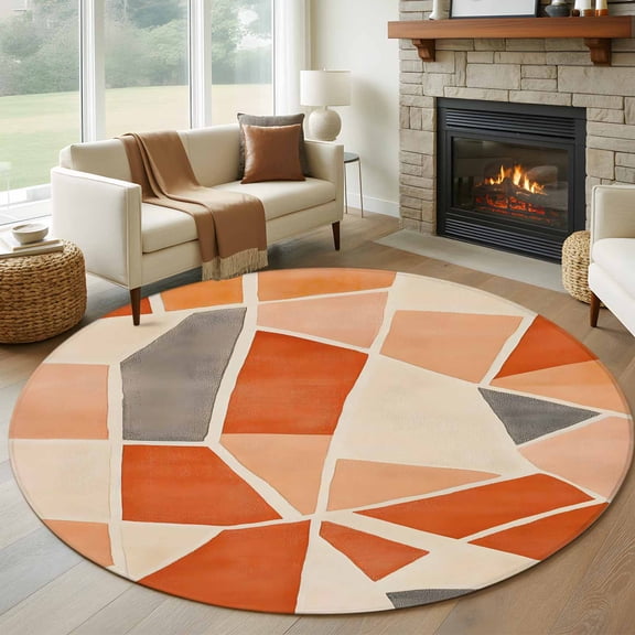 Abstract Block 8FT Round Area Rugs for Living Room Orange Gray Block White Line Modern Art Ultra-Thin Non-Slip Round Rugs Machine Washable Low Pile Circle Carpet for Bedroom Kitchen Nursery