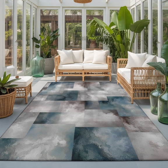Abstract Block 9'x12' Area Rugs for Living Room Sectional Sofa, Minimalist Beige Blue Overlapping Tiles Textured Washable Sturdy Non Slip Soft Sturdy Rectangle Home Area Rug