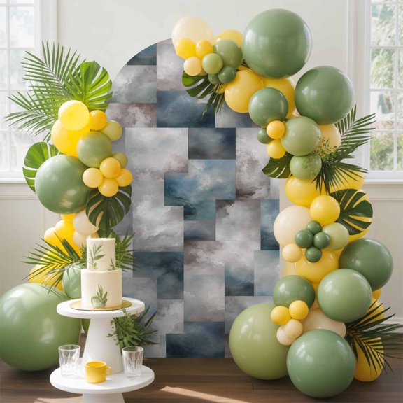 Abstract Block Arch Backdrop Cover, 4FT, Minimalist Beige Blue Overlapping Tiles Textured Spandex Arch Covers Double-Sided Backdrop for Wedding Birthday Party Photo Background Decoration