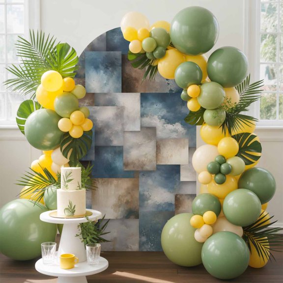 Abstract Block Arch Backdrop Cover, 4FT, Minimalist Brown Blue Overlapping Tiles Textured Spandex Arch Covers Double-Sided Backdrop for Wedding Birthday Party Photo Background Decoration