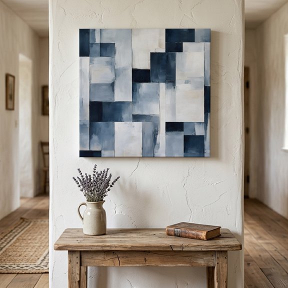 Abstract Block Canvas Wall Art for Living Room Bedroom Bathroom, Minimalist Blue Gray Rectangular Color Patches Canvas Art Wall Decor, Artwork for Walls Home Office Decor, 8"x8"