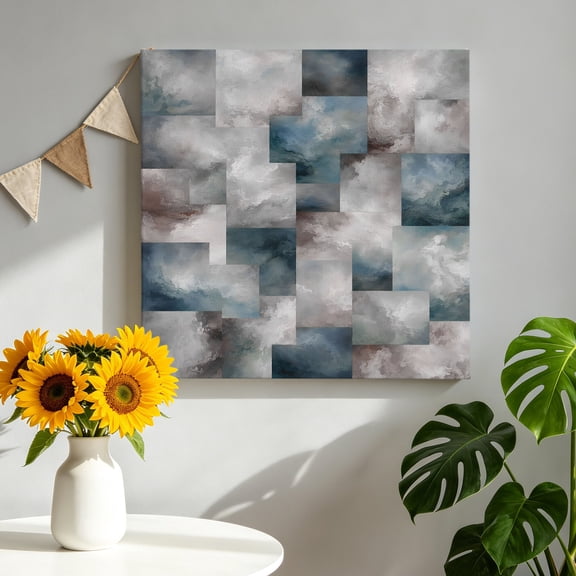 Abstract Block Canvas Wall Art, Minimalist Beige Blue Overlapping Tiles Textured Framed Canvas Wall Decor Picture Print Artwork Decorations for Living Room Office Ready to Hang 8" x 8"