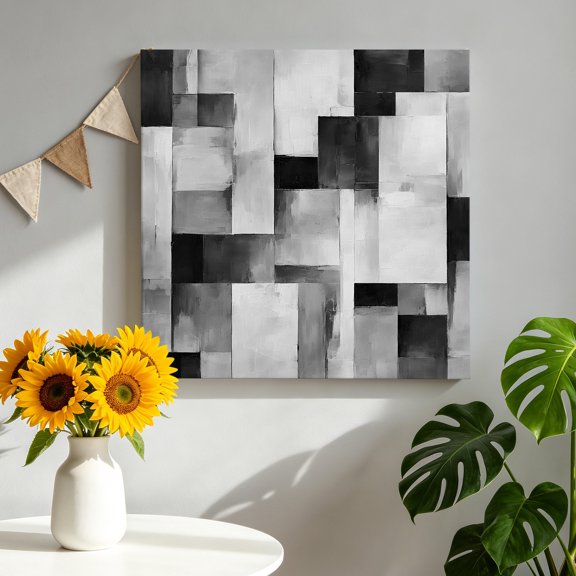 Abstract Block Canvas Wall Art, Minimalist Black Gray Rectangular Color Patches Framed Canvas Wall Decor Picture Print Artwork Decorations for Living Room Office Ready to Hang 8" x 8"