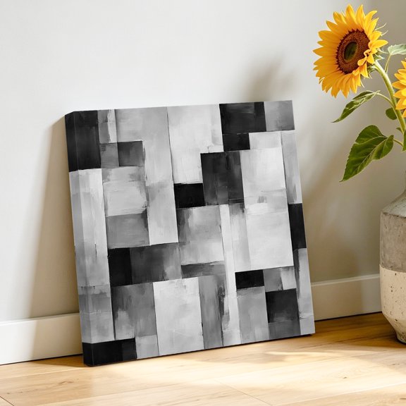 Abstract Block Canvas Wall Art, Minimalist Black Gray Rectangular Color Patches Pictures Wall Decor Wooden Framed Artwork Art Prints for Living Room Hallway Bedroom Office 8"x8"