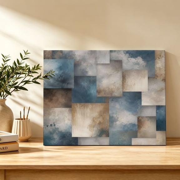 Abstract Block Canvas Wall Art, Minimalist Brown Blue Overlapping Tiles Textured Wall Art Prints Artwork Framed Canvas Ready to Hang Art Pictures for Bathroom Bedroom Entry Desk Corner 10" x 8"