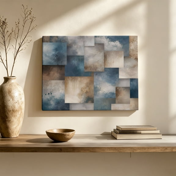 Abstract Block Canvas Wall Art, Minimalist Brown Blue Overlapping Tiles Textured Wall Art Prints Artwork Framed Canvas Ready to Hang Art Pictures for Living Dining Room Bedroom Hallway 30" x 20"