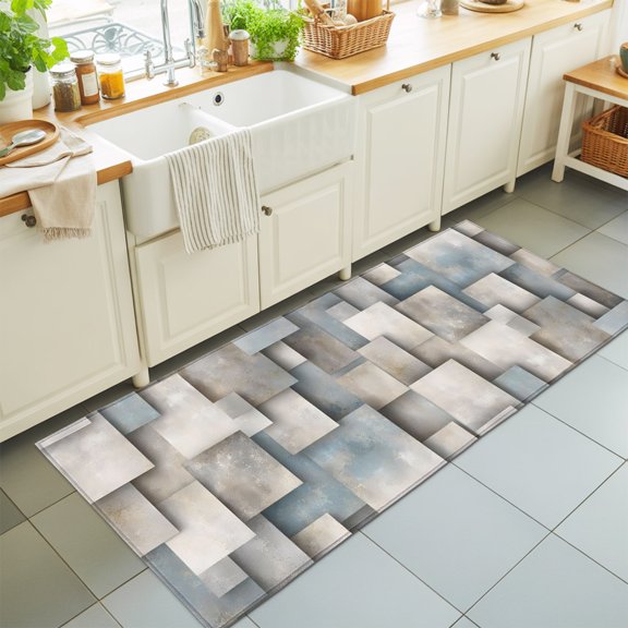 Abstract Block Washable Runner Rugs 2'x6', Minimalist Beige Gray Raised Stone Blocks Textured Washable Runner Rug Non-Slip Sturdy Edge Binding Carpet for Bedside Hallway Runner Kitchen Galley
