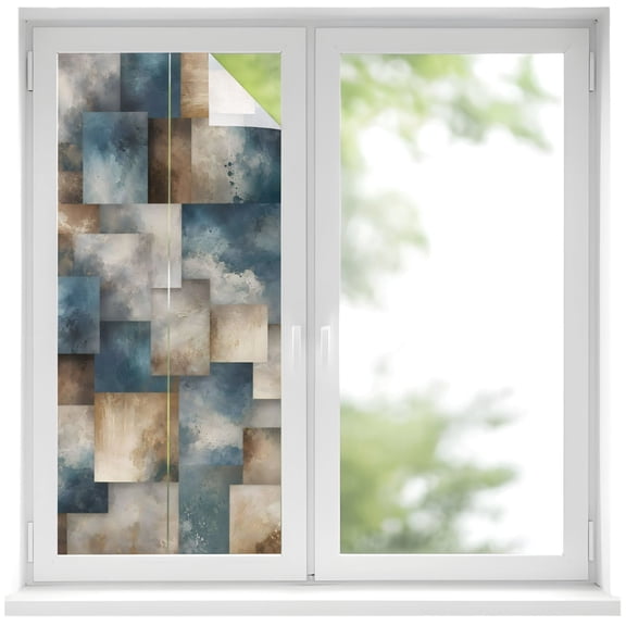Abstract Block Window Privacy Film 17.7x39.3in Minimalist Brown Blue Overlapping Tiles Textured Decorative Window Film with Static Cling, UV Filtering Window Cling Privacy Film for Glass Doors