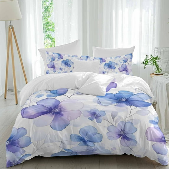 Abstract Blue 4 Piece Duvet Cover Set Queen Size Purple Flowers Watercolor Ombre Pansy Soft Bedding Set Comforter Cover, 1 Duvet Cover 1 Flat Sheets and 2 Pillowcases