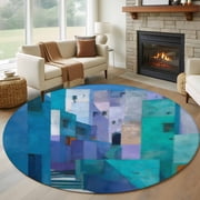 Abstract Blue 6ft Round Rugs, Painting Buildings Geometric Color Block Washable Non-Slip Area Rugs for Living Room Bedroom Kitchen, Soft Low Pile Dining Room Kicthen Circle Carpet, Indoor Floor Rug