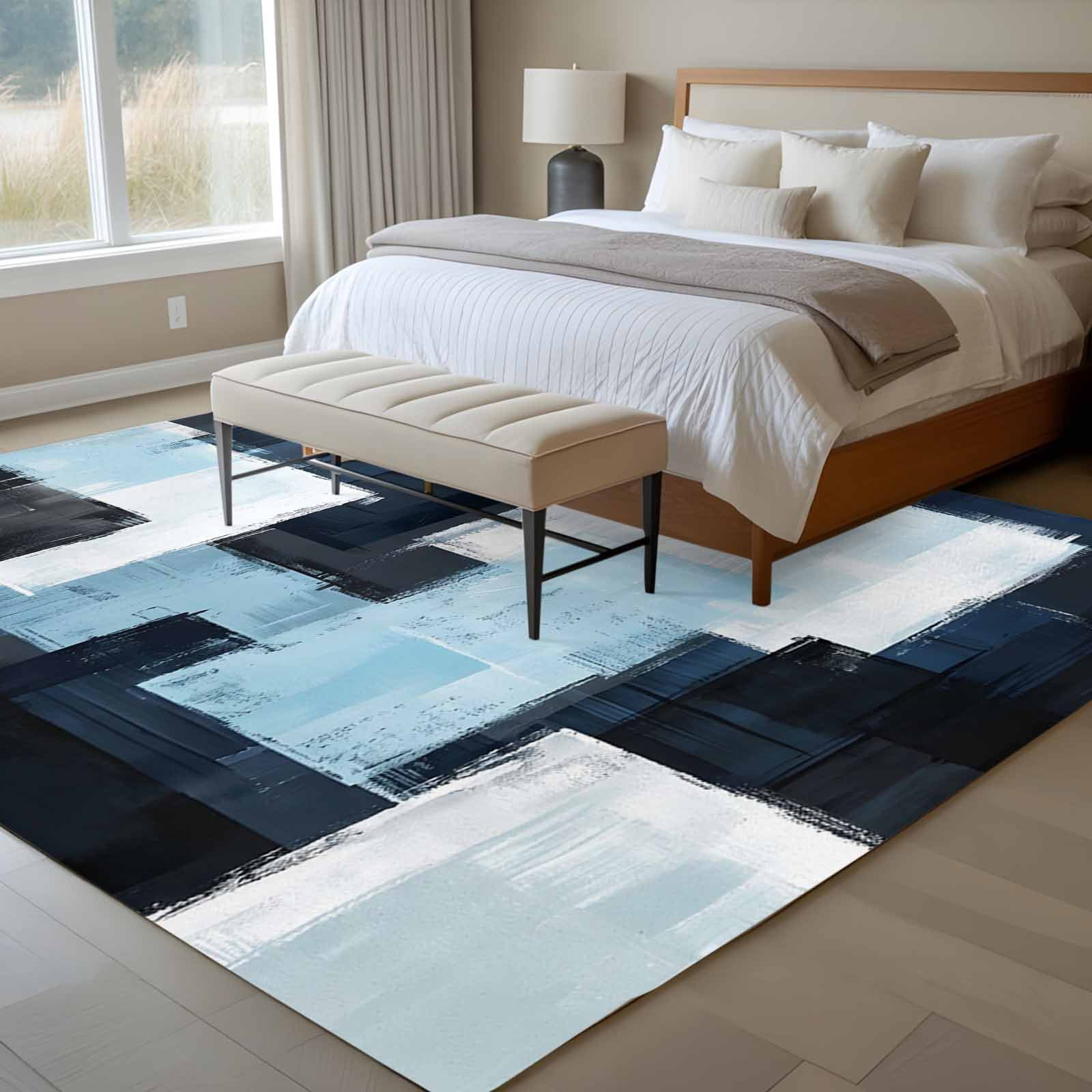 Abstract Blue 6x9 Rug for Dining Room Table and Chair Setup, White ...