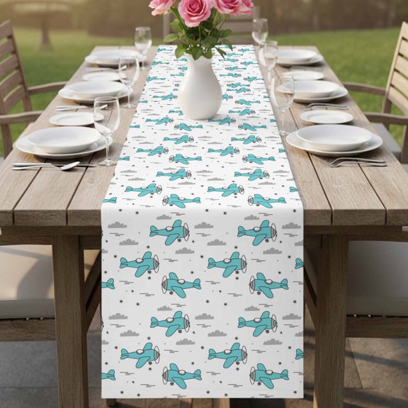 Abstract Blue Aircraft Grey Clouds Table Runner 13x36in Non-Slip Cotton Linen Table Runners, Modern Art Dresser Scarves TableRunner for Dinner Kitchen Dining Wedding Party
